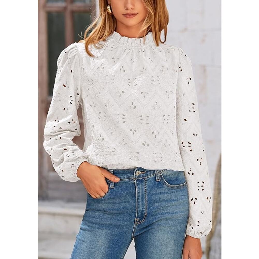 New Medium Long Sleeve, Embroidered Eyelet Dressy Casual Cotton Blouse